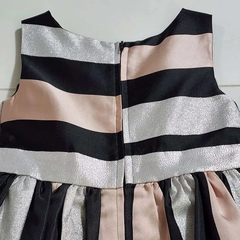 Elegant Metallic Silver Glitter Pink Black Striped Pleated Dress Size 5